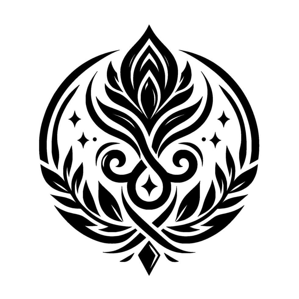Circular Black and White Floral Emblem with Detailed Leaves, Swirls, and Diamond Accent vector