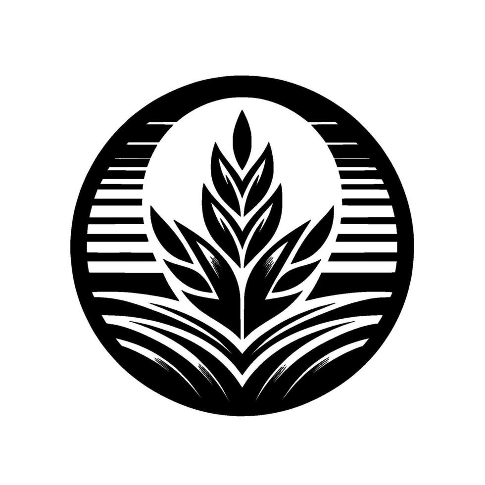 Stylized monochrome emblem of a wheat stalk rising within a circular frame, exuding elegance and simplicity. vector