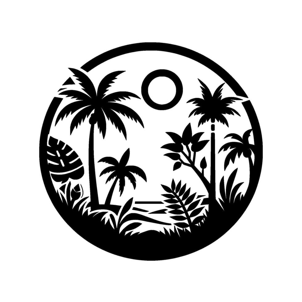 Circular Black White Silhouette of Tropical Landscape with Palm Trees, Sun, and Foliage Inside a Border vector