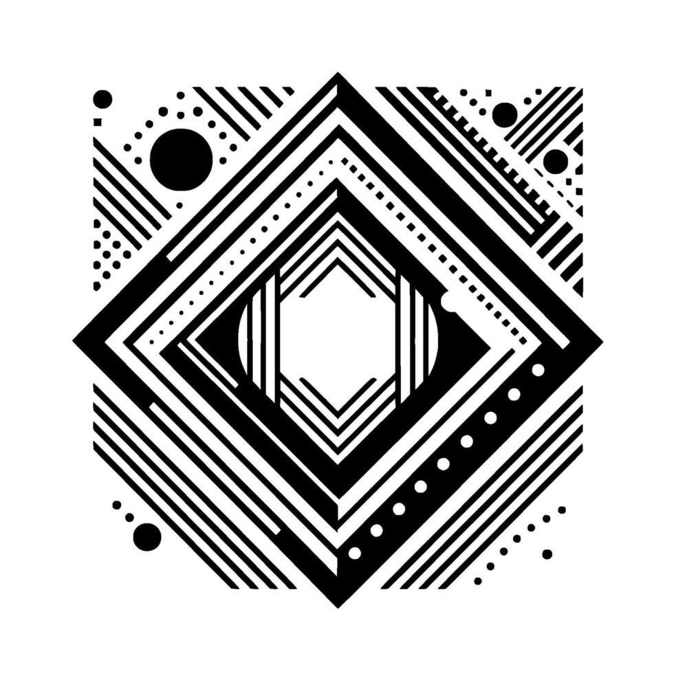 Geometric Black and White Square Featuring Concentric Diamond Shapes, Circles, Lines, and Dots on a Clean White Background. vector