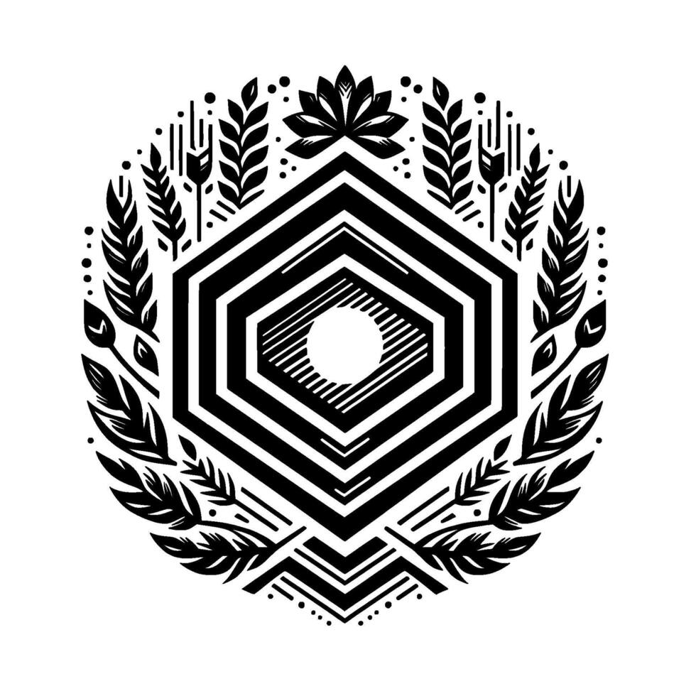 Intricate geometric mandala featuring stylized natural elements, including leaves, a lotus flower, and hexagonal patterns. vector