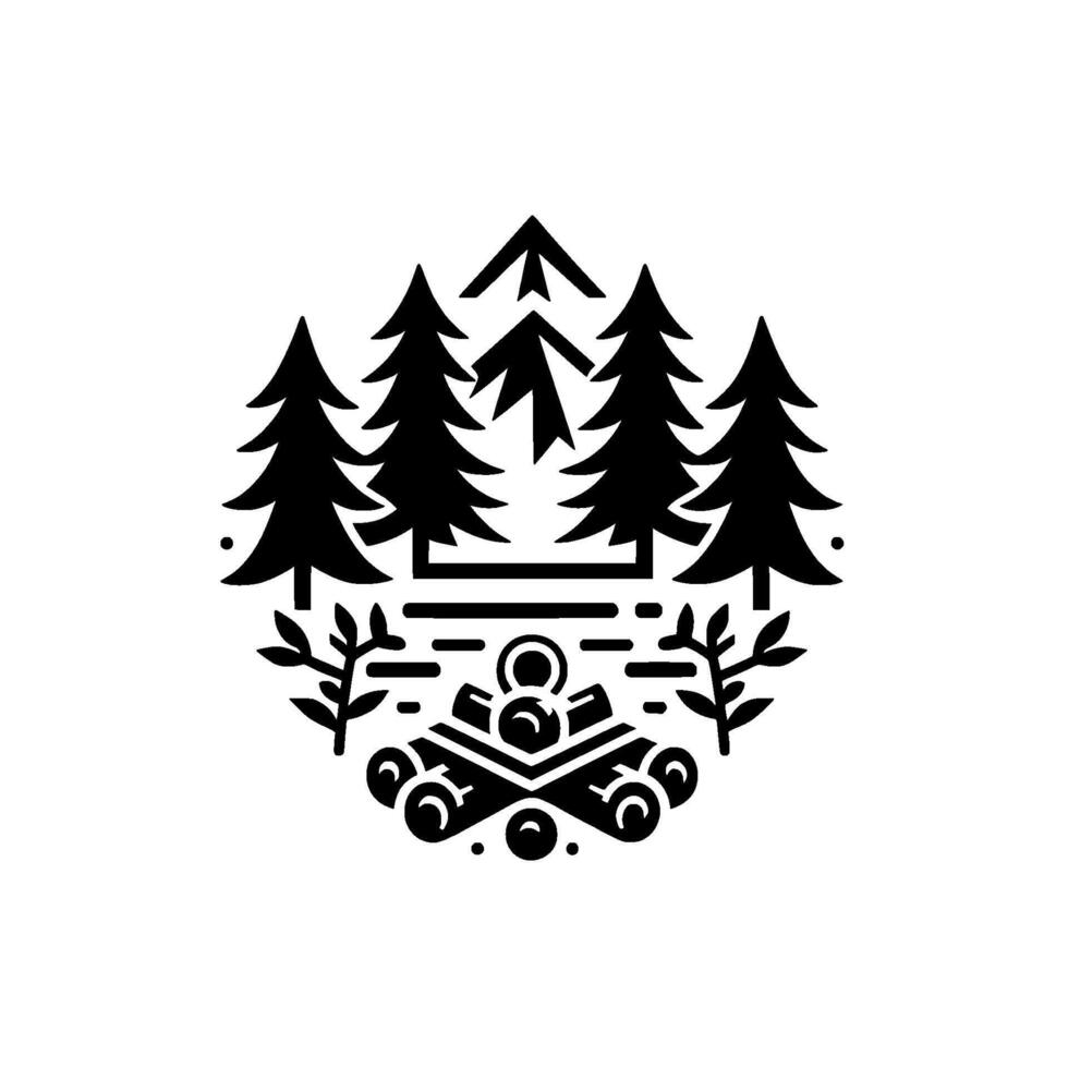 Black and White Circular Camping with Silhouette Pine Trees, Campfire, and Foliage. vector