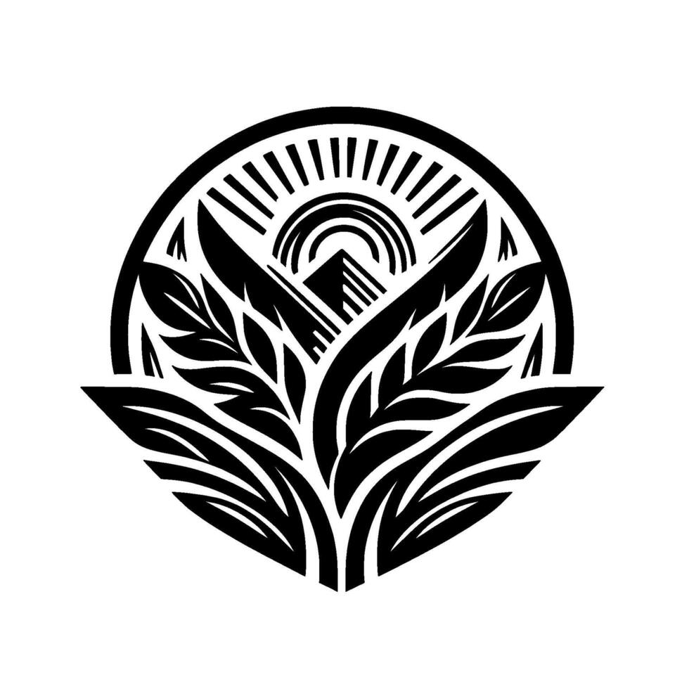 Circular Black White Mountain, Sunburst, Leaves, and Geometric Art . vector