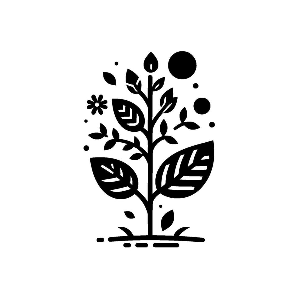 Minimalist Black and White Illustration of a Growing Plant with Stylized Leaves, Flower, and Floating Elements. vector