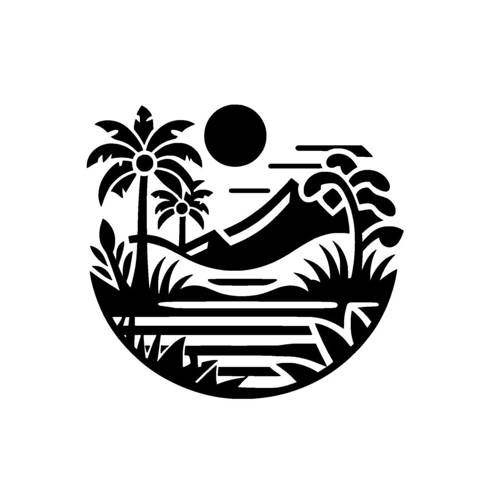 Circular Black and White Silhouette of a Tropical Island Landscape Palm Trees, Mountain, Sun, and Ocean. vector