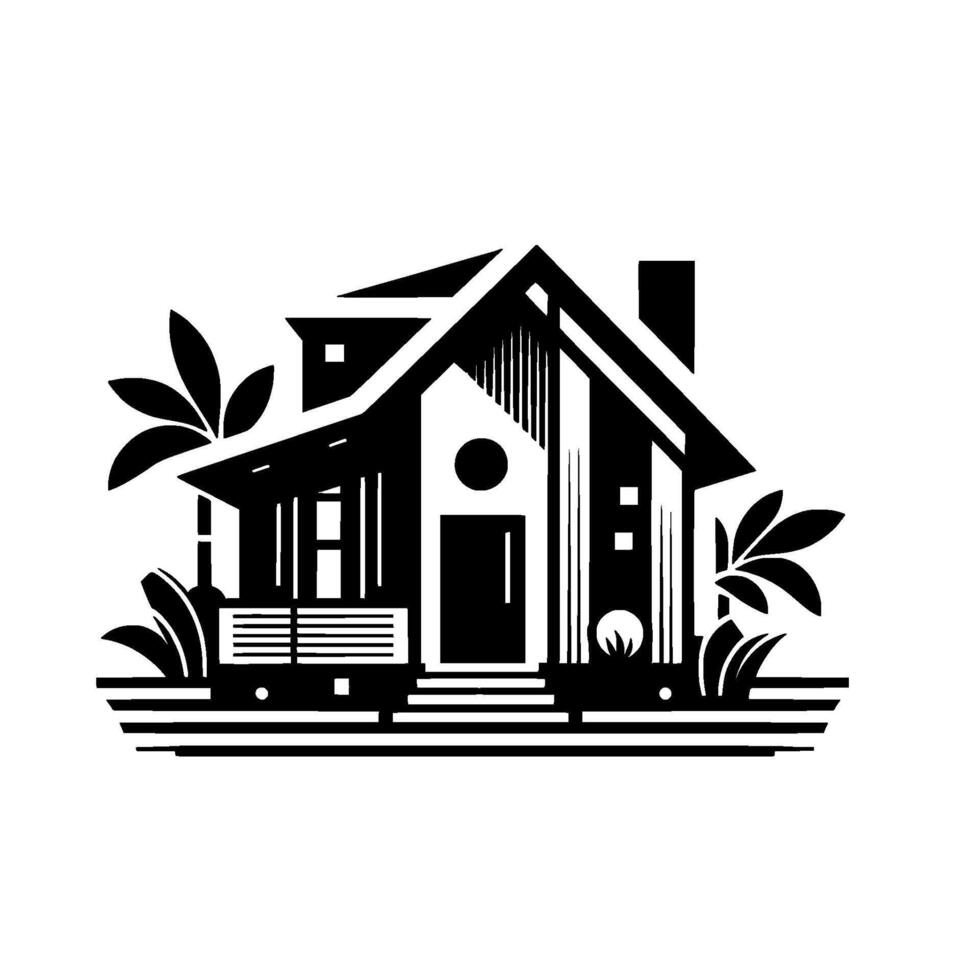 Stylized Black and White Illustration of a Modern House with Porch, Chimney, Plants, and Geometric , against a White Background. vector