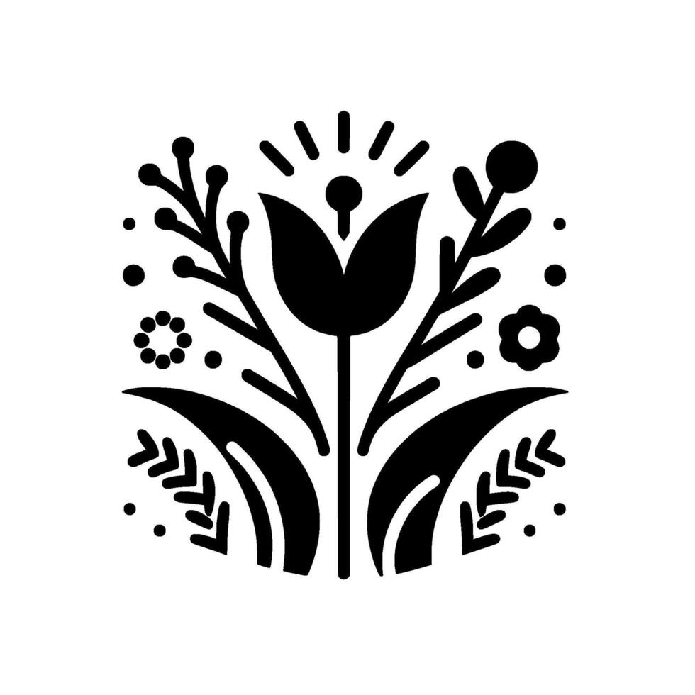 Minimalist Floral Emblem A symmetrical black and white featuring a central tulip, sprigs, and leaves. vector