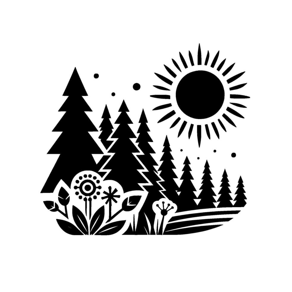 Black White Stylized Forest Scene with Sun, Trees, and Floral Elements, Minimalist Nature Art. vector