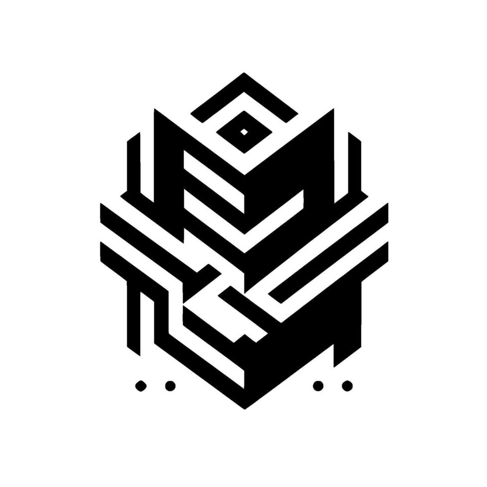 An abstract, black and white, geometric composition featuring a stylized, hexagonal form composed of interconnected, linear patterns and shapes. vector