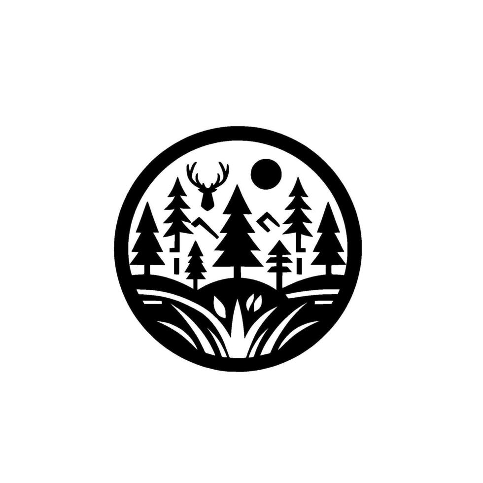 Black and white circular nature illustration featuring stylized pine trees, deer antlers, moon, and grass, evoking a peaceful forest landscape. vector