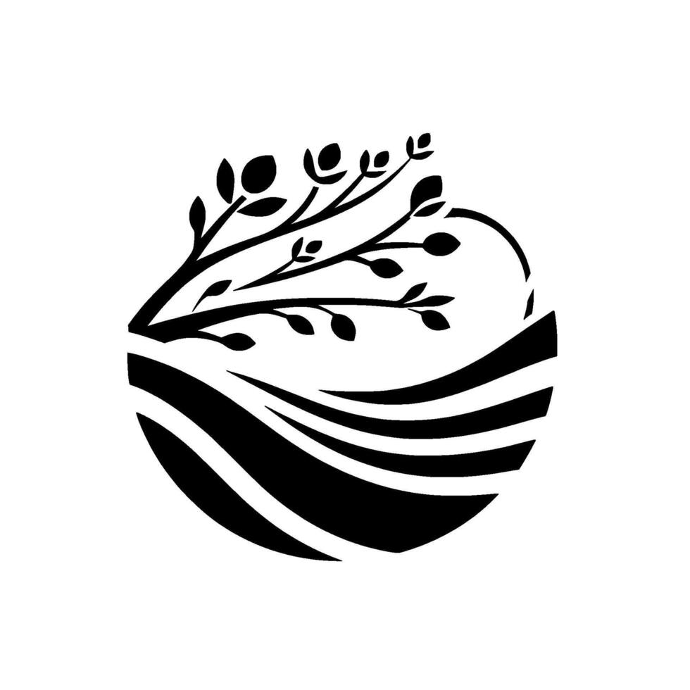 A Minimalist Black and White of a Tree Branch Over a Field within a Circle. vector