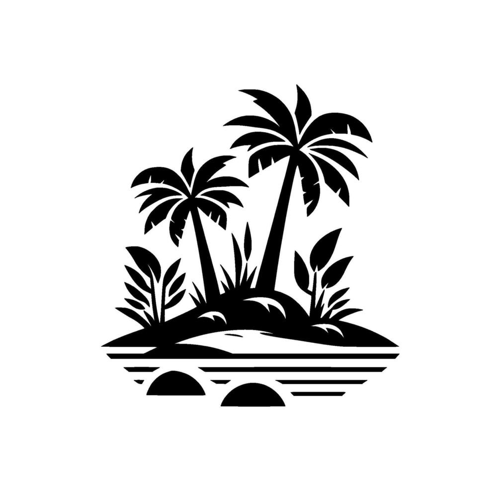 Minimalist Black and White Tropical Island Silhouette, Palm Trees and Foliage on a Striped Horizon. vector