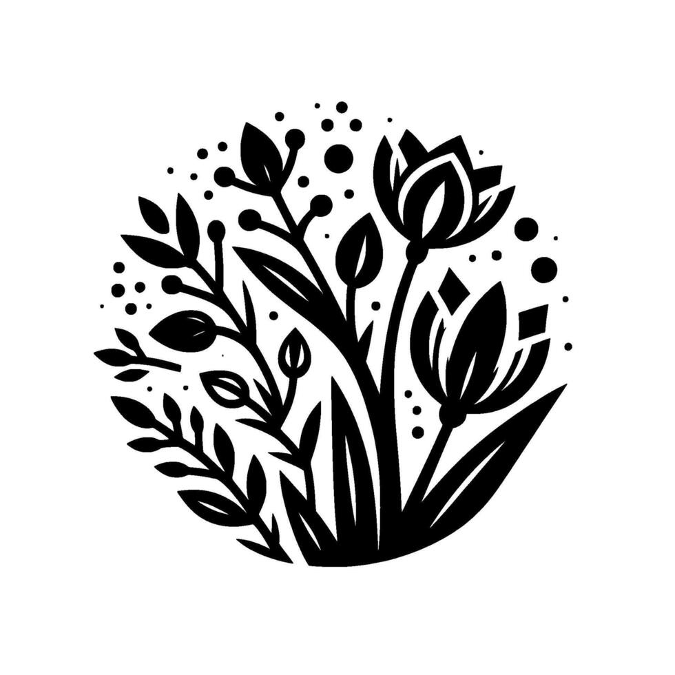 Stylized Floral Composition A Black White Roundel with Tulips, Leaves, and Berries. vector