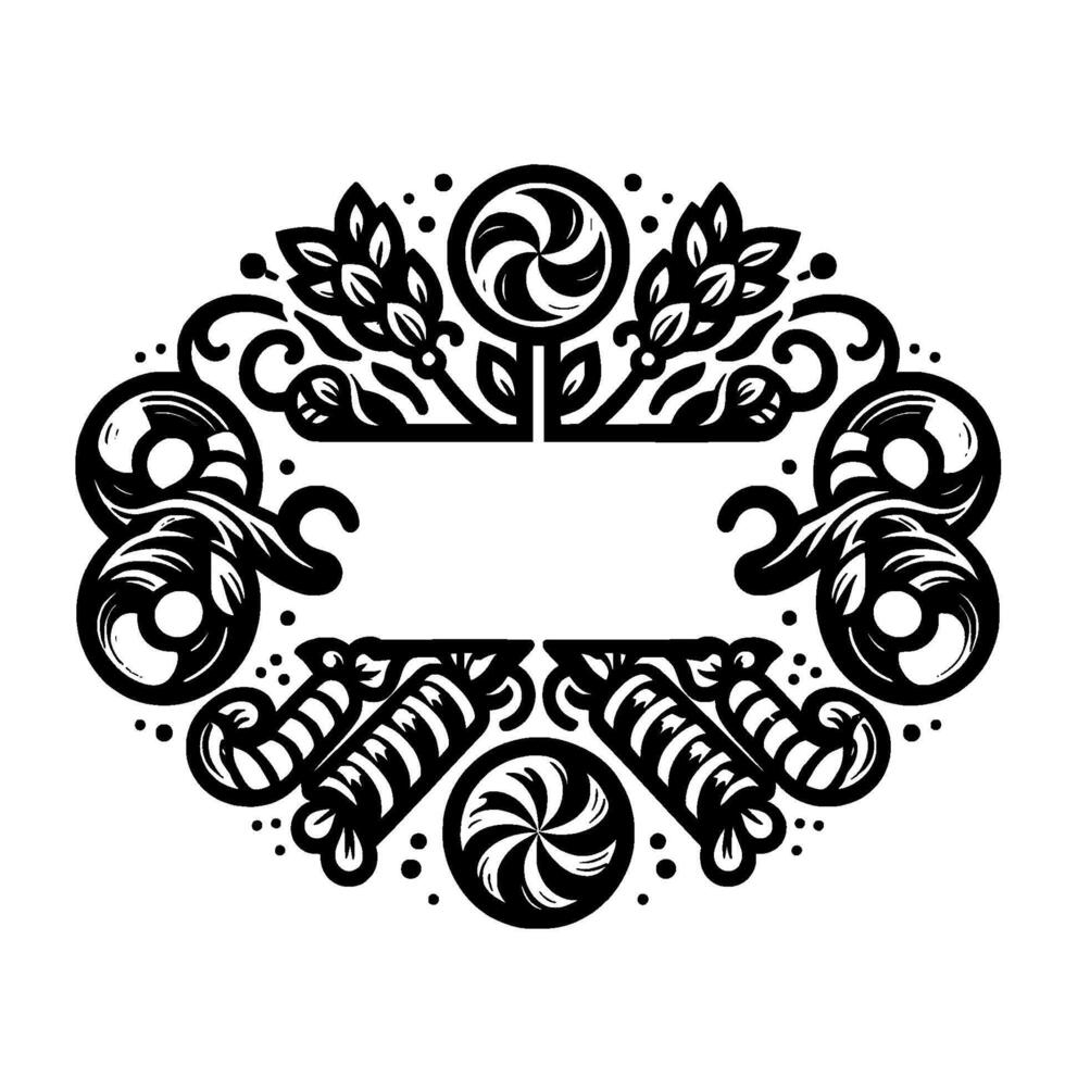 Intricate Black and White Ornamental Floral, Swirls, and Candy Elements Bordering a Central Blank Oval Space. vector