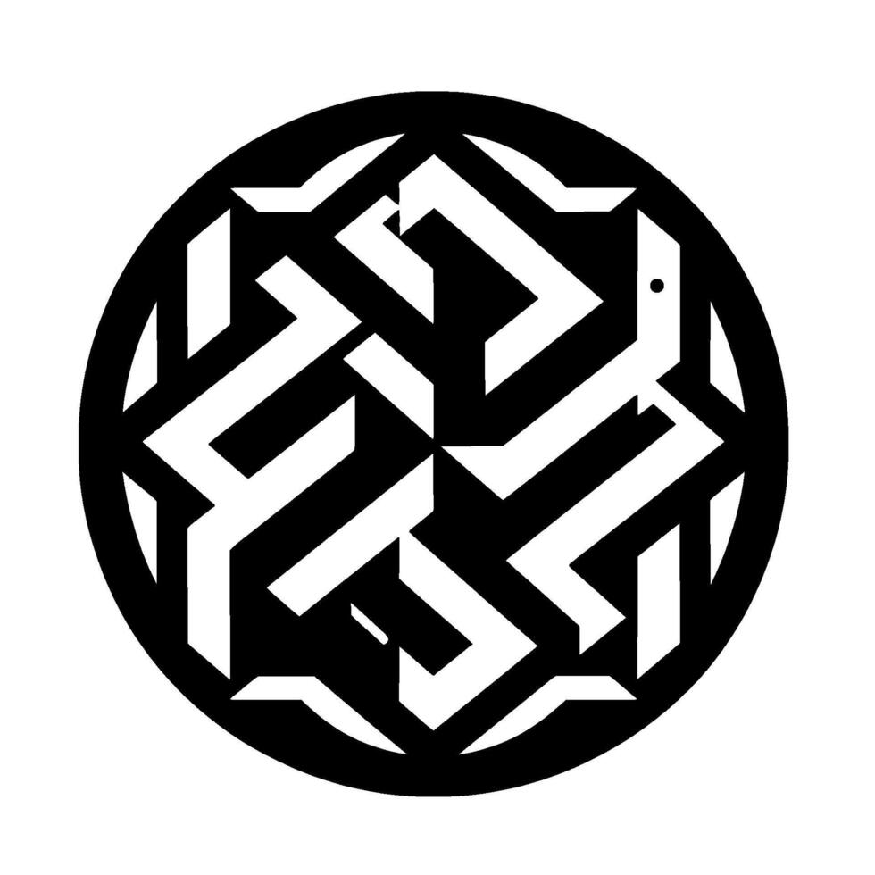 Geometric Black and White Circular Pattern with Interlocking Shapes, Suggesting a Labyrinth or Ornamental . vector