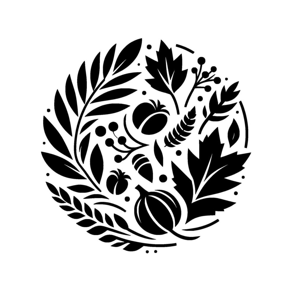 Black White Stylized Circular Botanical Arrangement featuring Leaves, Berries, Tomatoes, and Pumpkins on White Background. vector