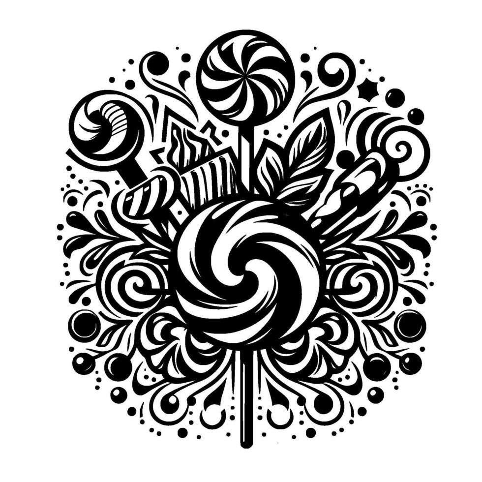 Whimsical Black White Candy Composition Lollipops, Swirls, and Decorative Elements, Creating a Sweet and Ornamental vector