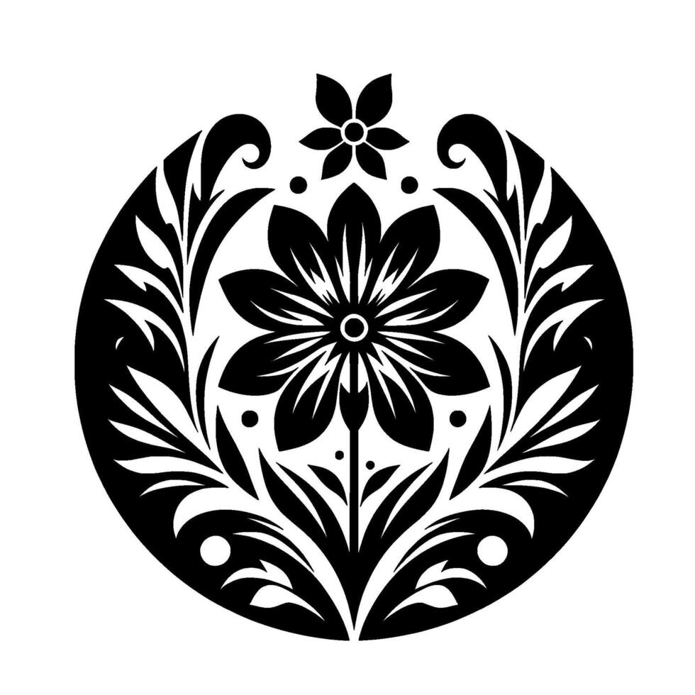 Intricate Black and White Floral Medallion Symbolic Blossom within a Circular with Leafy Accents. vector