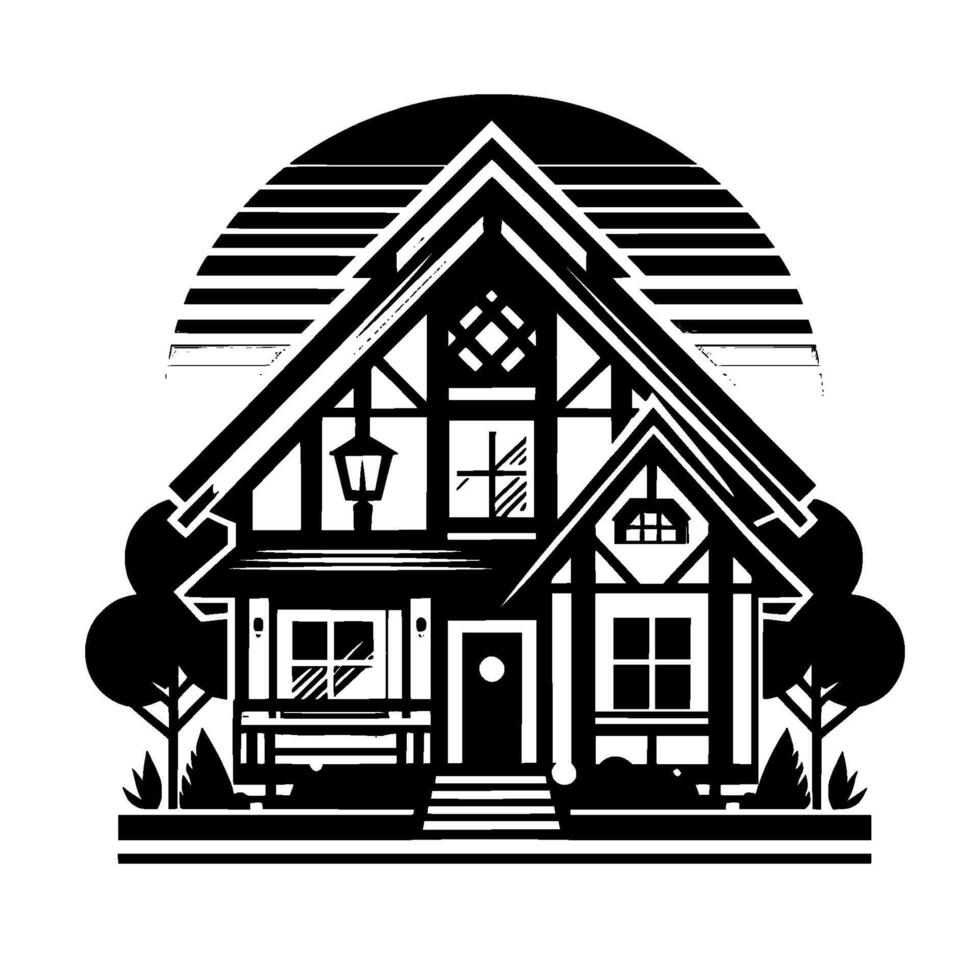 Black and white geometric illustration of a cozy, Tudorstyle house with trees, set against a stylized, striped sunrise backdrop. vector