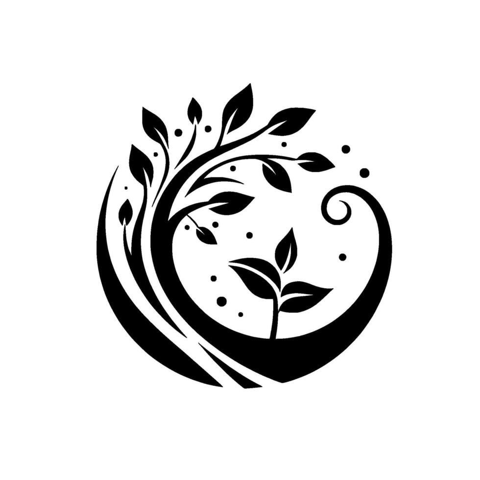 Black and White Stylized of a Tree Growing Inside a Curved Frame, with Leaves and Dots, Representing Growth and Nature. vector