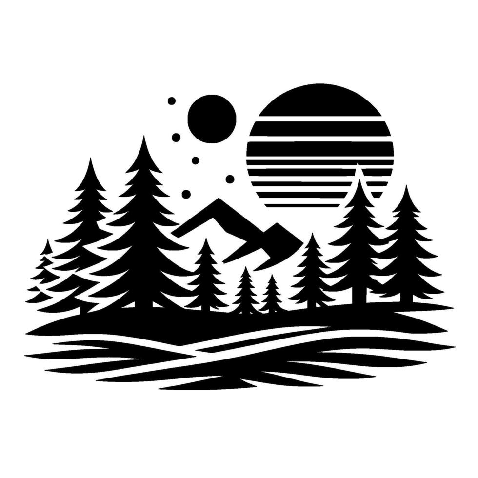 Silhouette Landscape Pine Trees, Mountains, Striped Sun, and Celestial Bodies in a Monochrome . vector