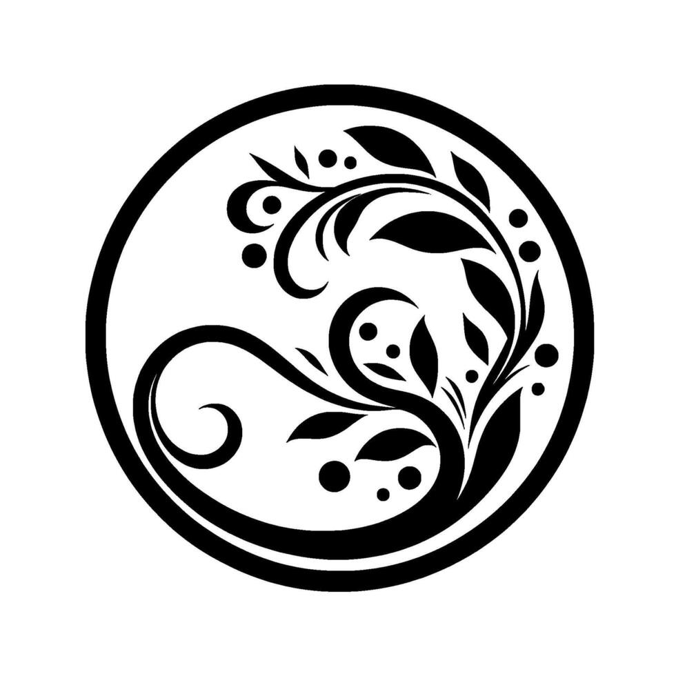 Elegant, symmetrical black and white floral , circular frame, natureinspired, stylized leaves and dots, minimalist, artistic, emblem. vector