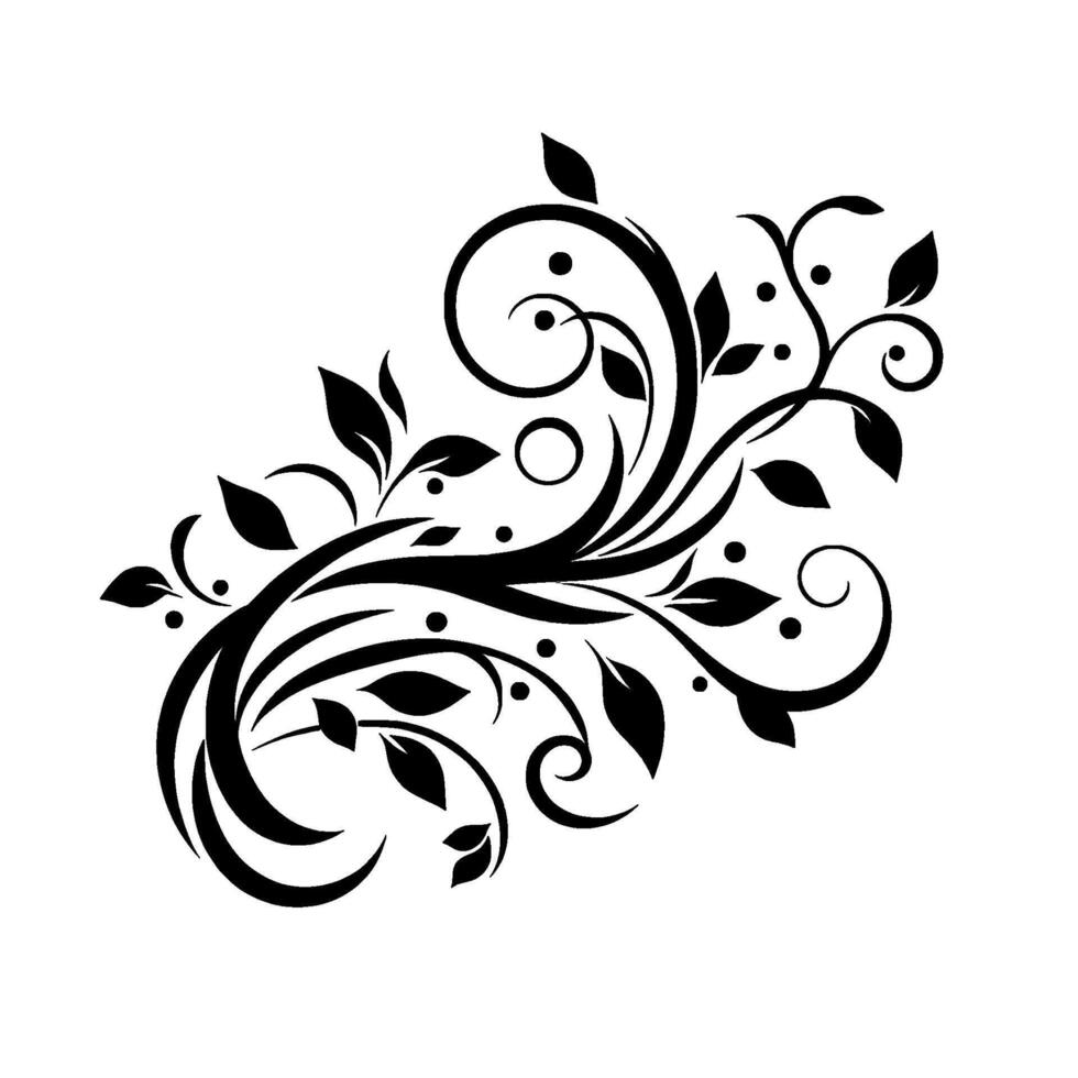 Black White Ornamental Floral featuring intricate swirling vines, leaves, and dot accents, set against a stark white background, suggestive of elegance. vector