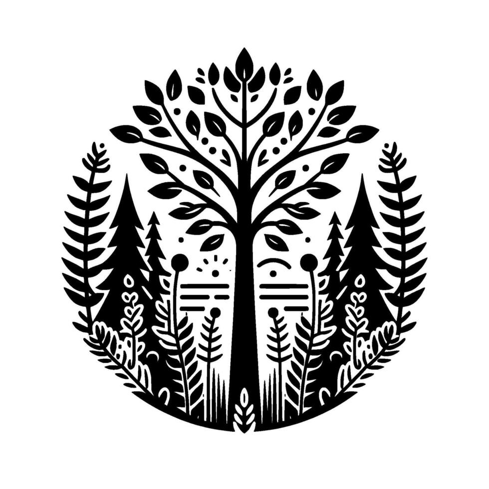 Stylized Black and White Forest Scene in a Circle, Featuring Trees, Foliage, and Geometric Elements. vector