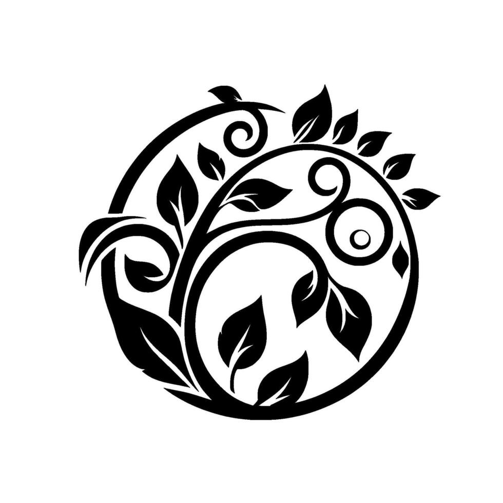 Elegant black and white circular botanical illustration with stylized leaves, swirls, and branches, ideal for . vector