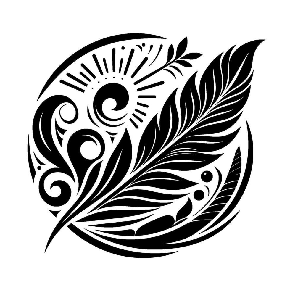 Stylized blackandwhite ink feather within a circular frame, featuring swirling patterns, leaves, and a sunburst element. vector