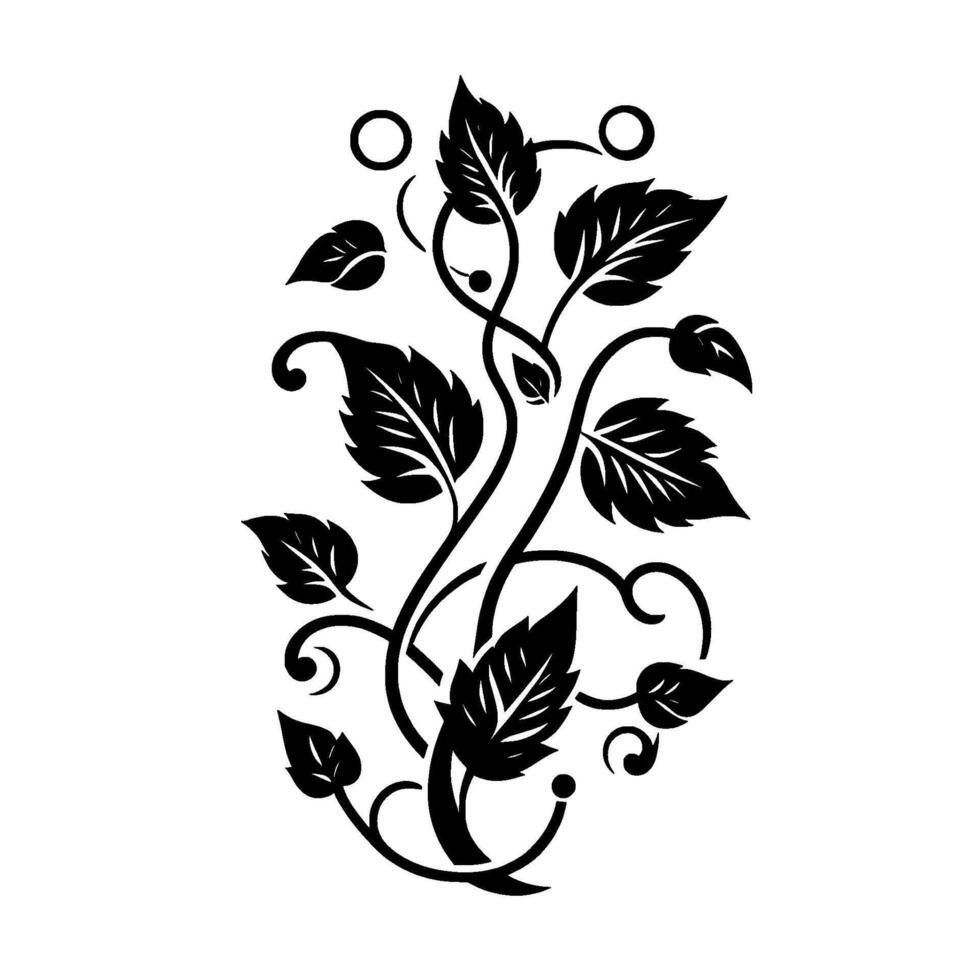 Elegant Black and White Floral Detailed Vine with Leaves and Decorative Swirls on White Background vector