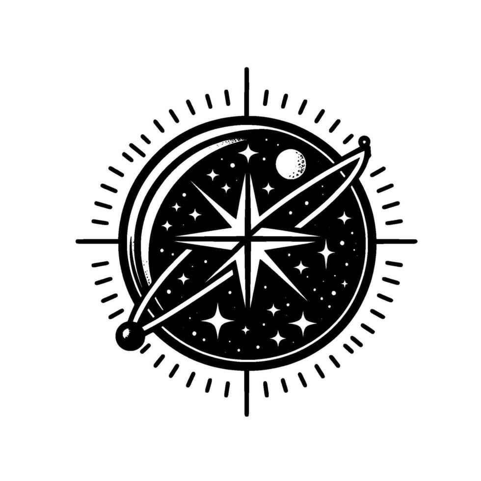 Black and white cosmic compass illustration with a star, night sky, and moon, guiding through the cosmos. vector