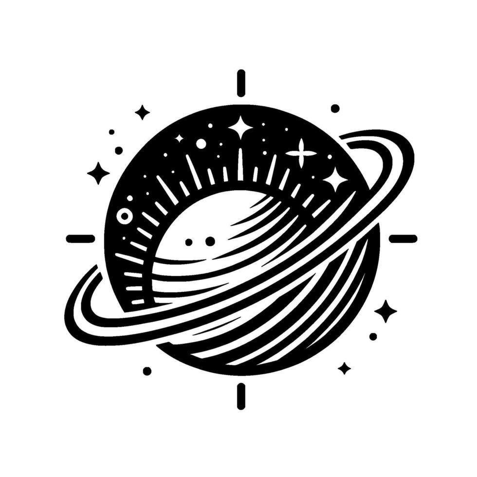 Intricate Black and White Celestial Illustration Featuring a Ringed Planet, Stars, and Geometric Elements for Cosmic . vector