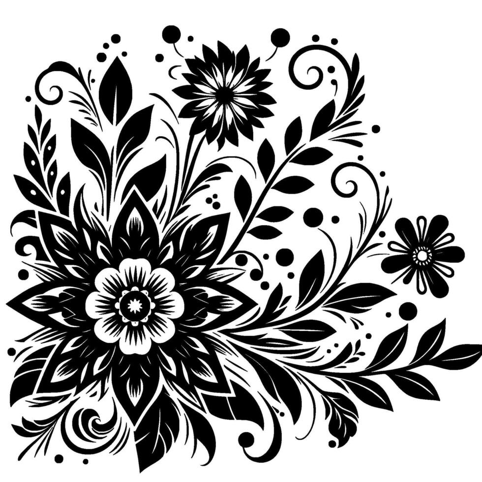 Exquisite black and white floral featuring intricate patterns, stylized blossoms, and organic leafy flourishes in a decorative corner arrangement. vector