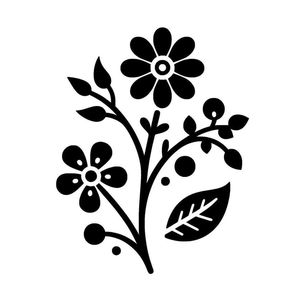A Bold, Black and White Floral Silhouette Featuring Two Flowers, Leaves, Berries, and Branch Twirls on a White Background. vector
