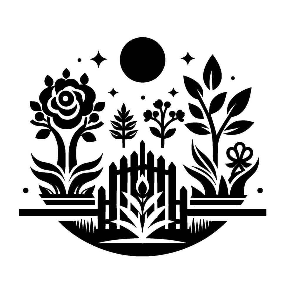 Black and white floral garden scene with fence, trees, a full moon, stars, and a flat, stylized aesthetic. vector