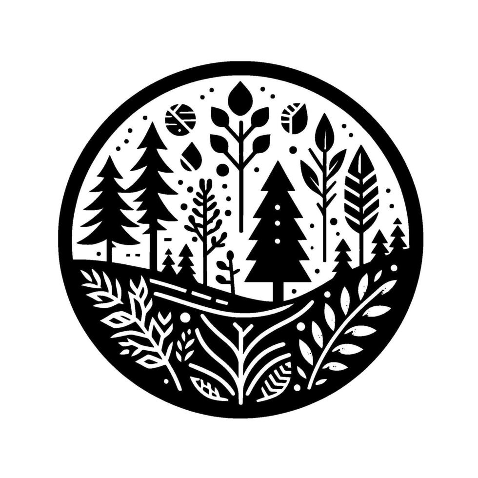 Minimalist Circular Nature Illustration A Black and White Forest Scene with Stylized Trees and Foliage Enclosed Within a Circle. vector