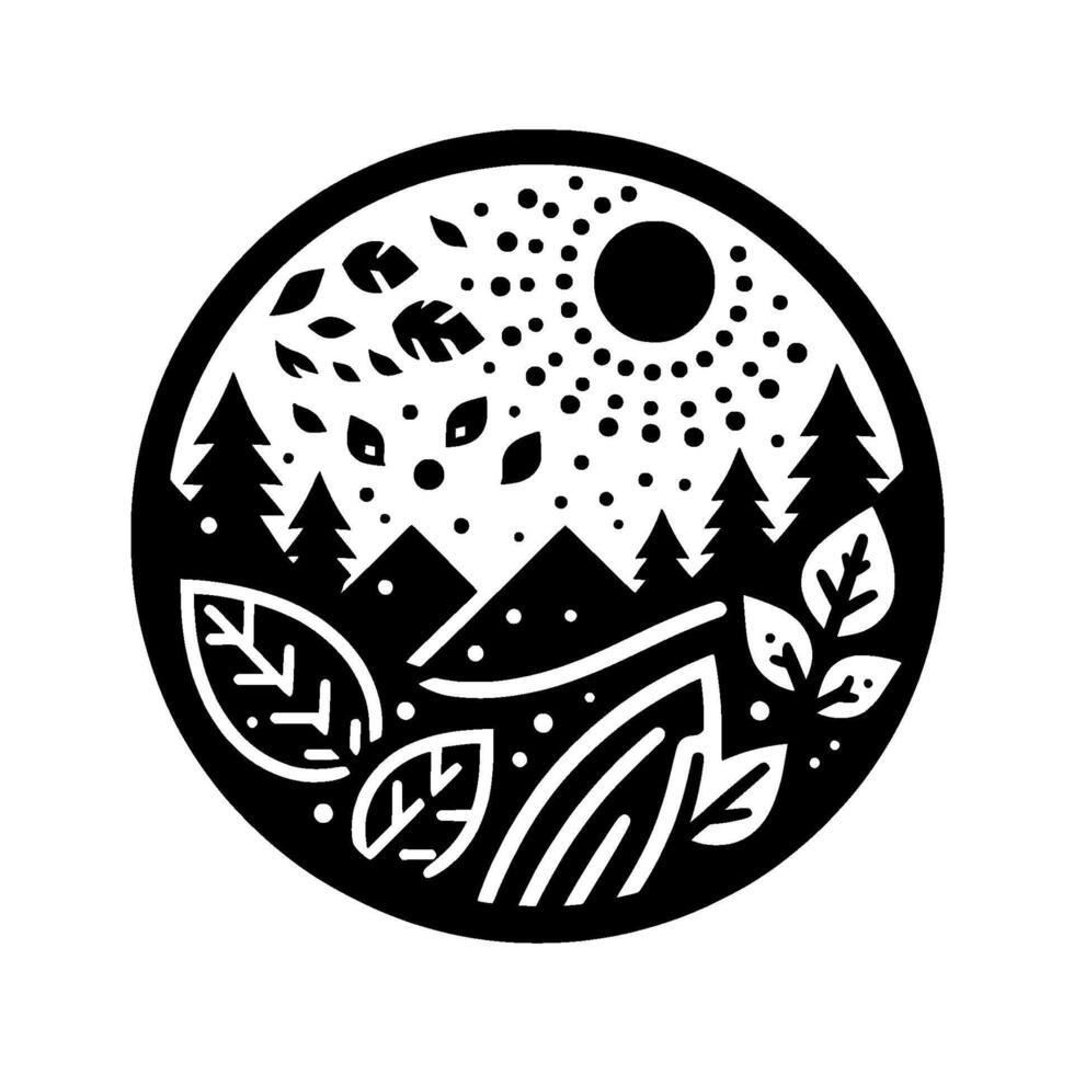 Circular Minimalist Black and White Nature Scene Mountains, Trees, Leaves, and Sun in a Decorative, Stylized Illustration. vector