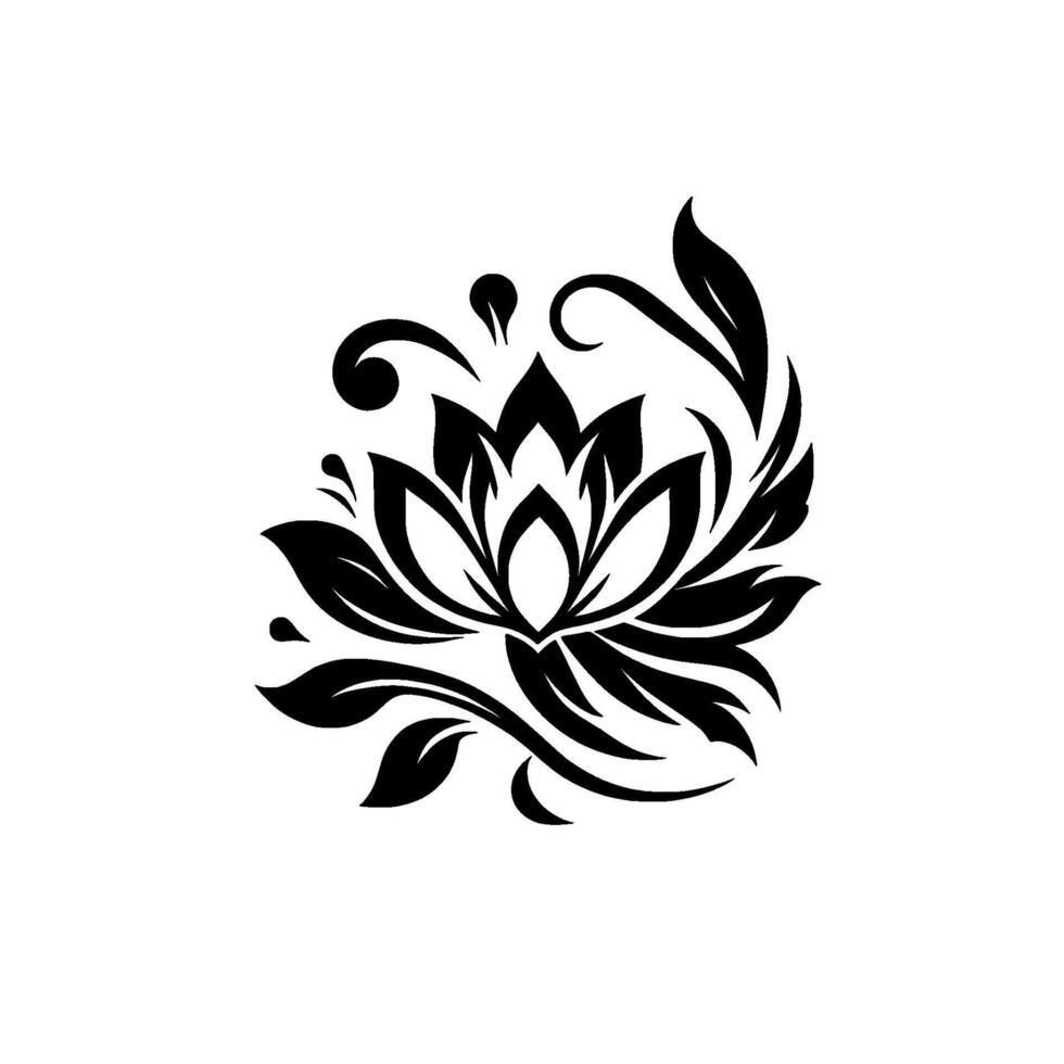 Intricate Black and White Lotus Floral with Leafy Accents on a Pristine White Background. vector