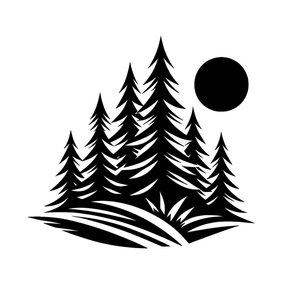 Silhouette of Pine Trees and Sun Over a Grassy Hill in Minimalist Monochrome Art vector