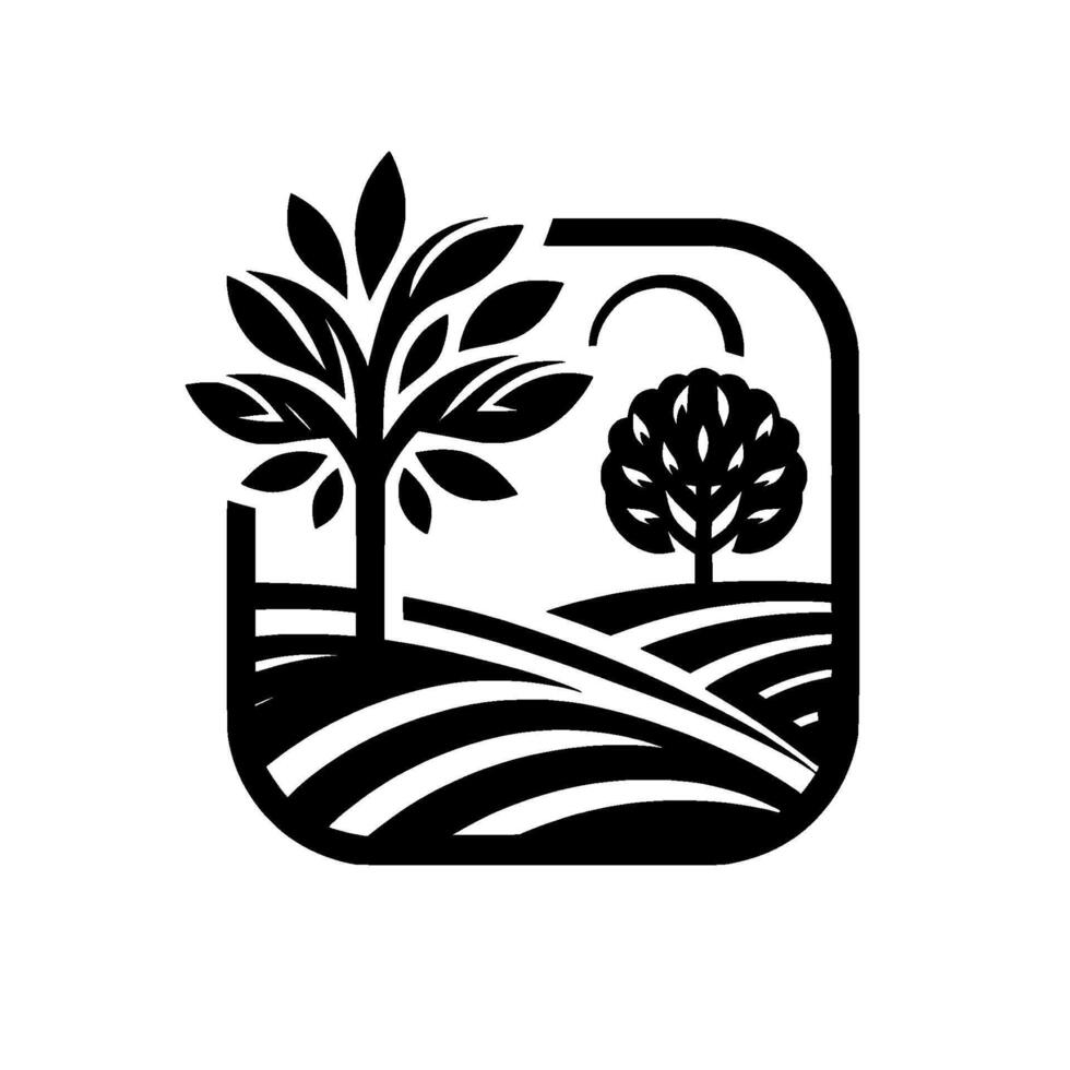Black and White Geometric Landscape Featuring Two Trees, Rolling Hills, and a Sun Within a Rounded Square Frame vector