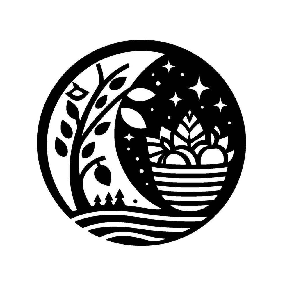 Black and white illustration of a tree with fruit, a basket of fruit, and stars within a circular frame. vector