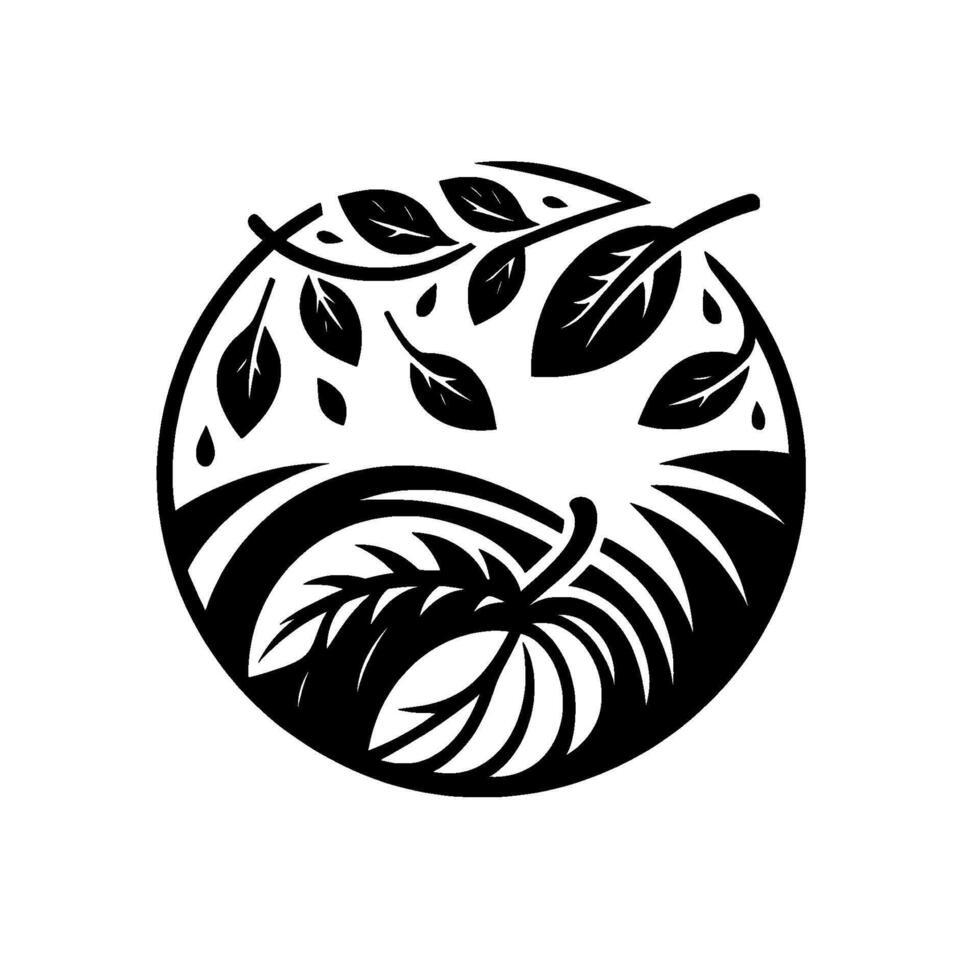 Circular black and white featuring stylized leaves, droplets, and a curved landscape, evoking natures harmony and balance. vector