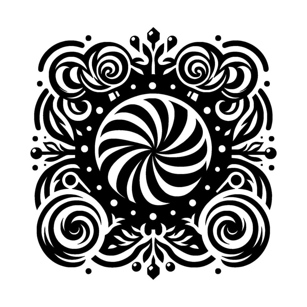 Ornate Black and White Square Composition Swirling Center, Floral Scrollwork Border on White Background, Geometric vector