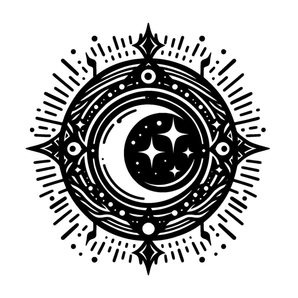 Intricate Black and White Celestial Mandala with Crescent Moon, Stars, and Ornate Geometric Designs within a Circular Frame. vector