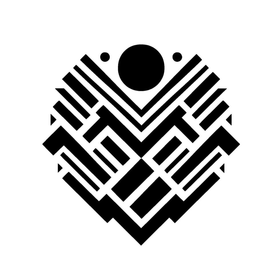 Geometric black and white abstract art piece with a hexagonal core, angular lines, and three circular accents. vector