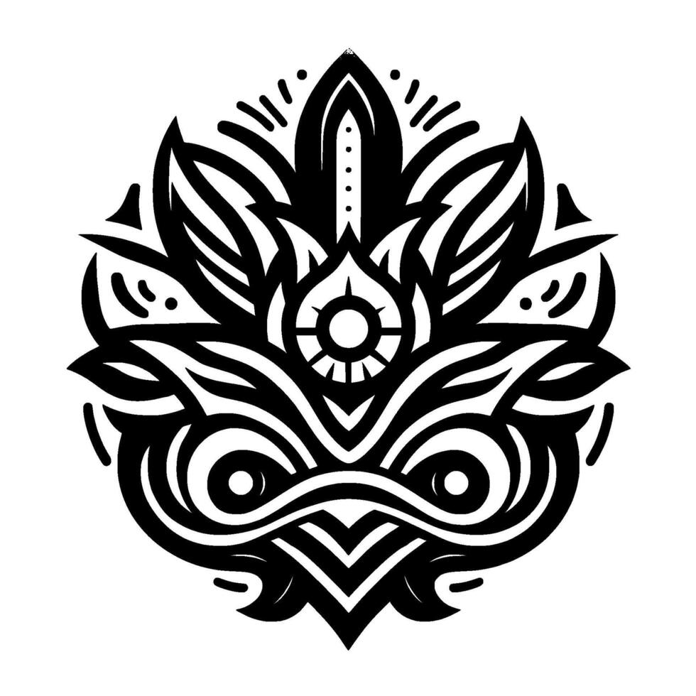 Symmetrical Black and White Floral Mandala with Concentric Layers, Symbolic Eye Detail, Geometric Pattern on White Background. vector