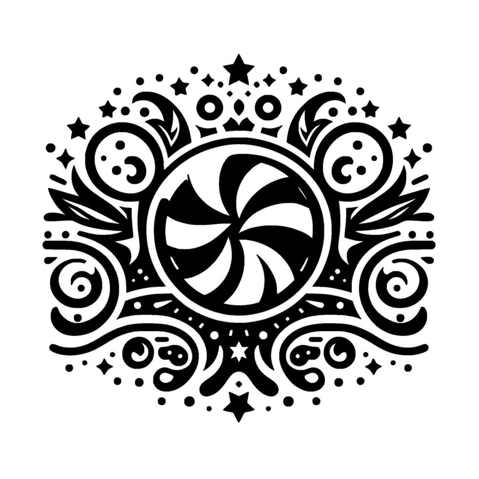 Intricate Black White Swirl Featuring a Central Candy Wheel, Enhanced by Floral Star Embellishments, on a White Background. vector