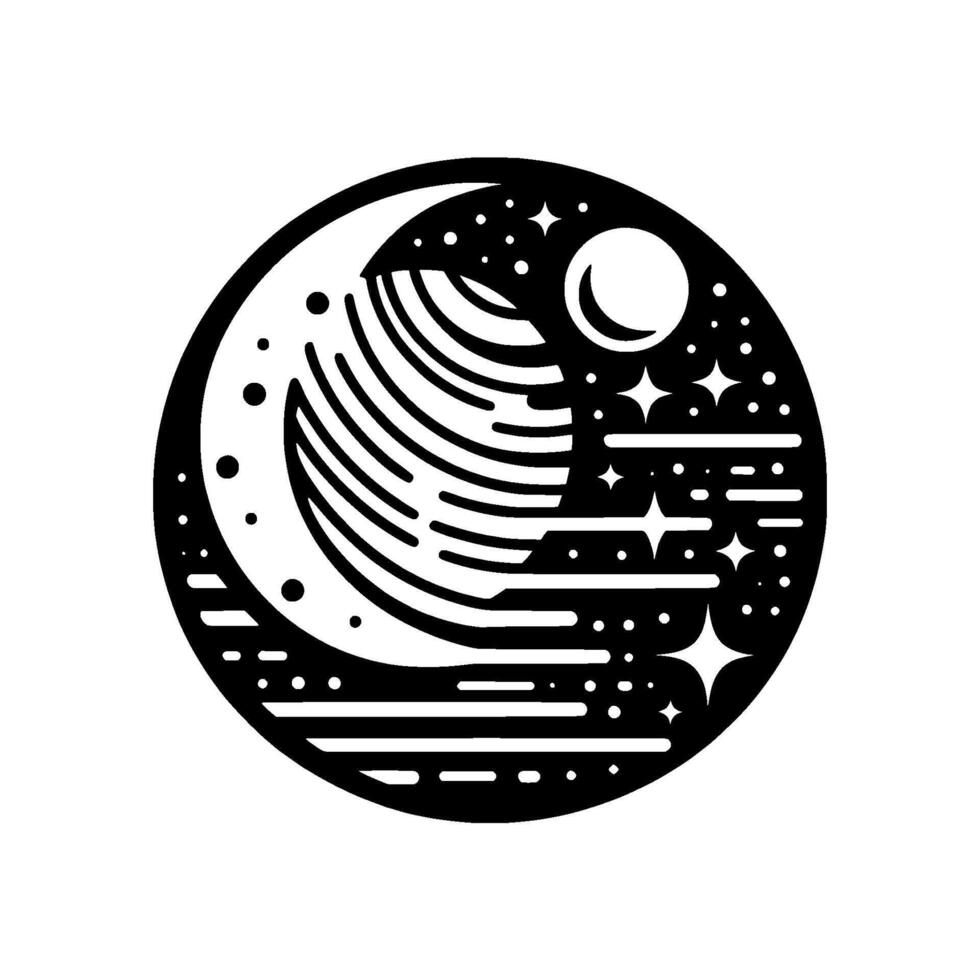 Intricate Black and White Celestial Illustration Crescent Moon, Striped Planet, Stars, and Sun in Circular Composition on White Backdrop. vector