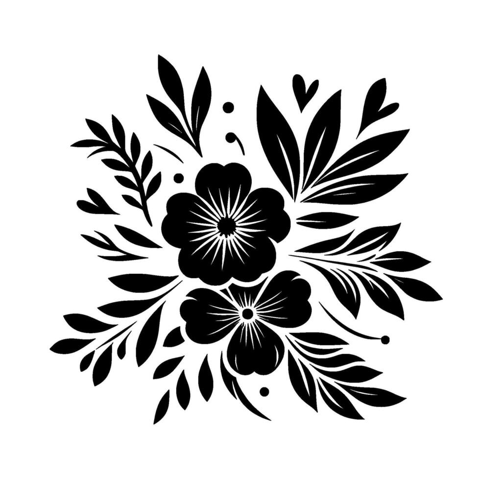 Detailed black and white illustration of two stylized flowers, surrounded by leaves, hearts, and sprigs, in a minimalist elegant composition on a clean background. vector